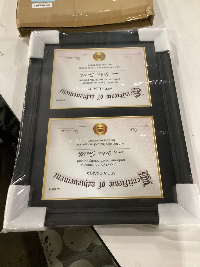 Condition photo showing Good Condition for yaetm vertical double diploma frame 14x20 for two 8.5x11 certificates, degrees, documents, tempered glass with black over gold acid-free mats, dual diploma frames, black/black rustic black frame / black & gold mat - 14x20 for 2-8.5x11 1