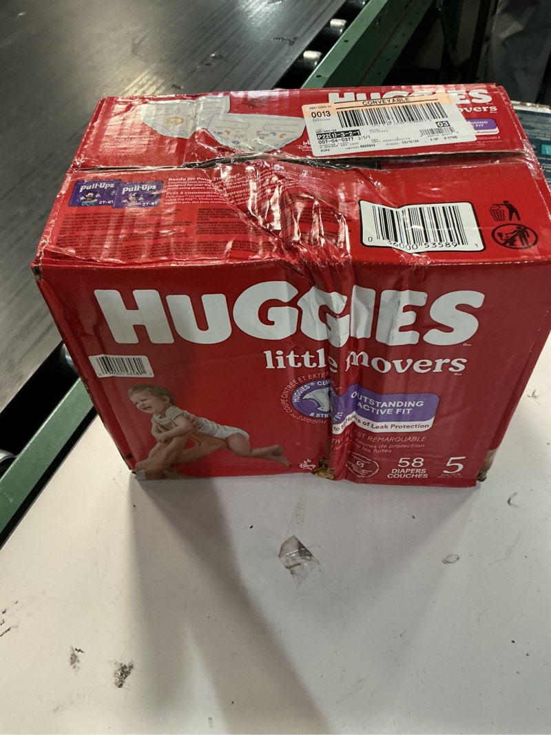 Condition photo showing New/Like New for huggies size 5 diapers, little movers baby diapers, size 5 (27+ lbs), 58 count, packaging may vary size 5 58