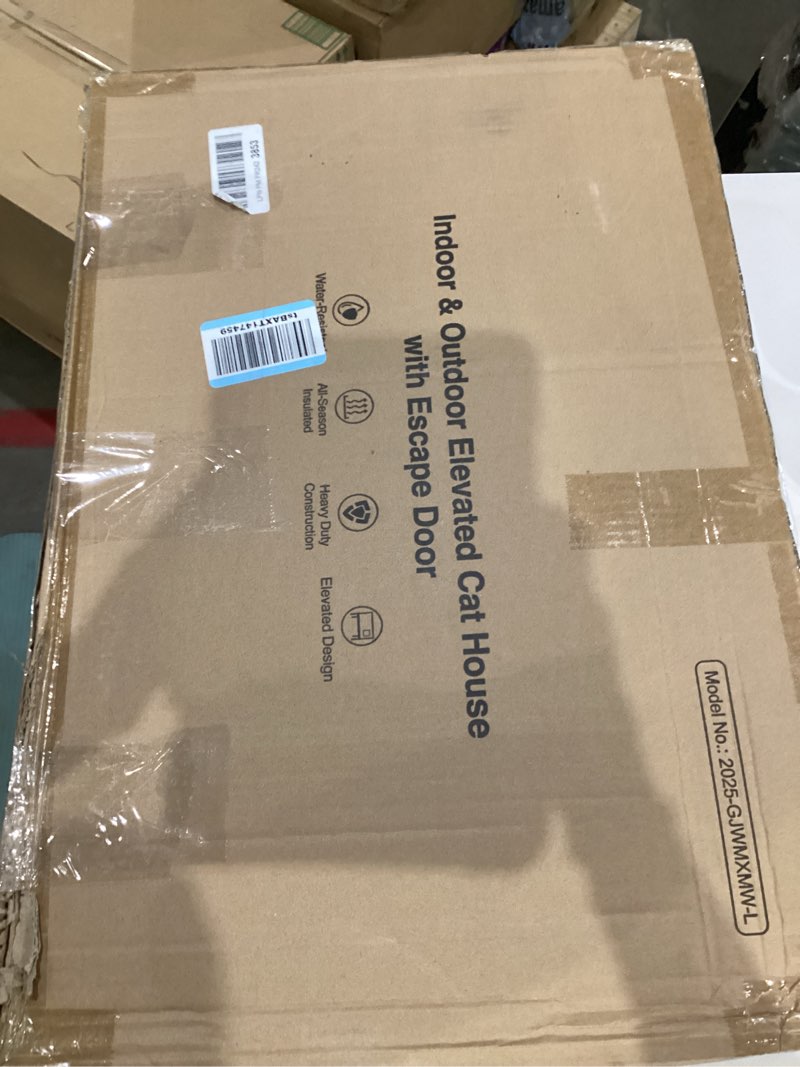 Condition photo showing New/Like New for Heated Cat House for Outside, Insulated Weatherproof Heated Outdoor Cat House with Waterproof Eaves & Escape Door, Elevated Outdoor Cat Shelter for Feral Stray Cat (Black Camo, 25.6"x16.5"x18") Black Camo 25.6"x16.5"x18"