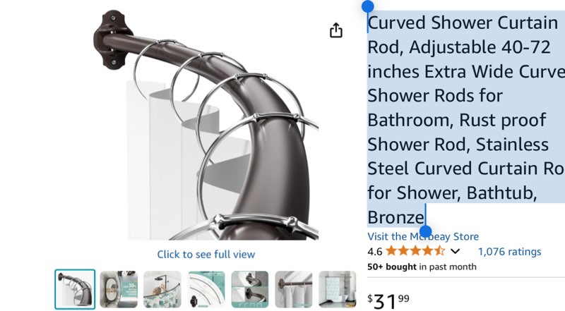 Curved Shower Curtain Rod, Adjustable 40-72 inches Extra Wide Curved Shower Rods for Bathroom, Rust proof Shower Rod, Stainless Steel Curved Curtain Rod for Shower, Bathtub, Bronze