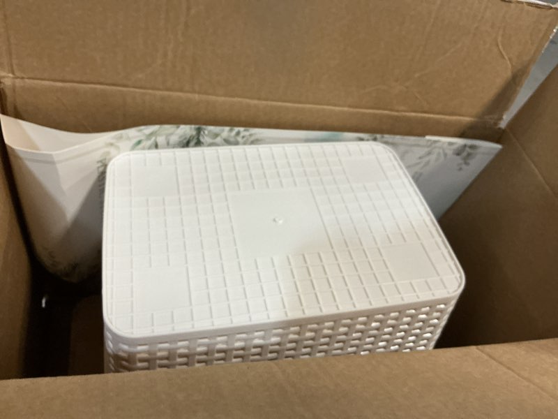 Condition photo showing As Is for Small 5 Quart Plastic Storage Bin with Bamboo Lid, Stackable Decorative Storage Basket Box Containers with Label for Organizing shelves Closet Office Classroom, White 6 Pack