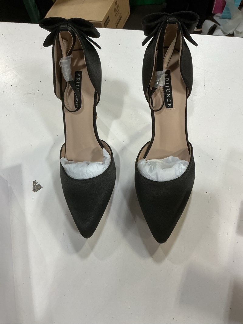 Condition photo showing New/Like New for ERIJUNOR Women High Heel Bow Ankle Strap Evening Party Dance Wedding Satin Shoes 9 Black