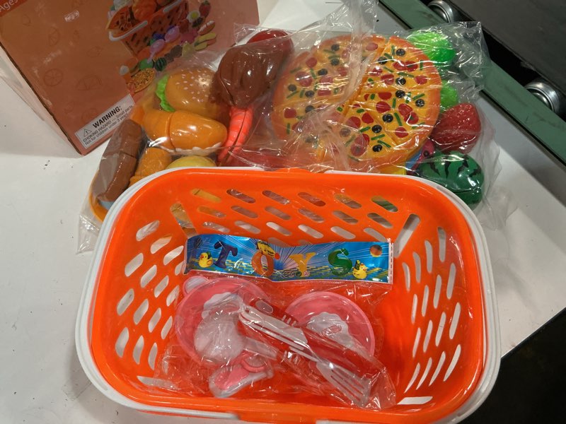 Condition photo showing New/Like New for 34 pcs pretend play food set, kids cutting toys, children's food fruits vegetable kitchen playset with knife and basket , bpa free plastic play food for toddlers, educational baby toy