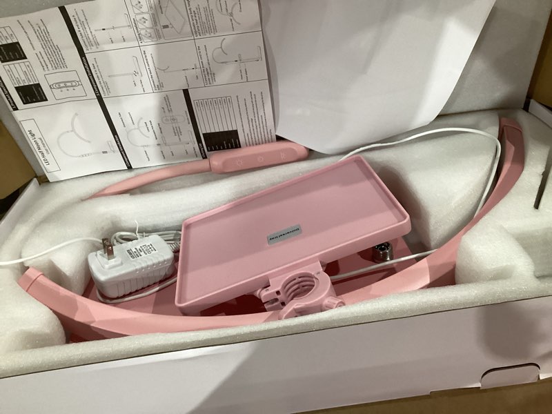 Condition photo showing As Is for lash light for eyelash tech, led floor lamp half moon light for eyelash extensions, tattoo artists, nail tech, skincare, esthetician lights, office, bedroom,with stand tray, pink
