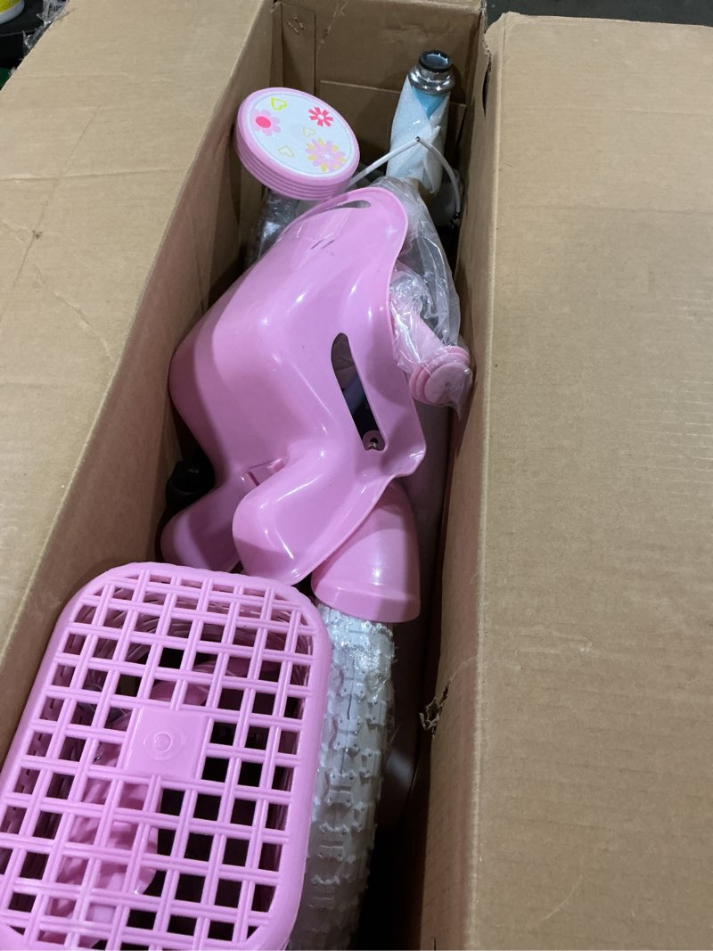 Condition photo showing As Is for bixike girls bike with basket for toddlers and kids aged 3-14 years old, 12 14 16 18 inch with training wheels & doll seat, 20 inch with kickstand & rear rack, princess style bicycle for gift. pink & blue 14 inch with doll seat