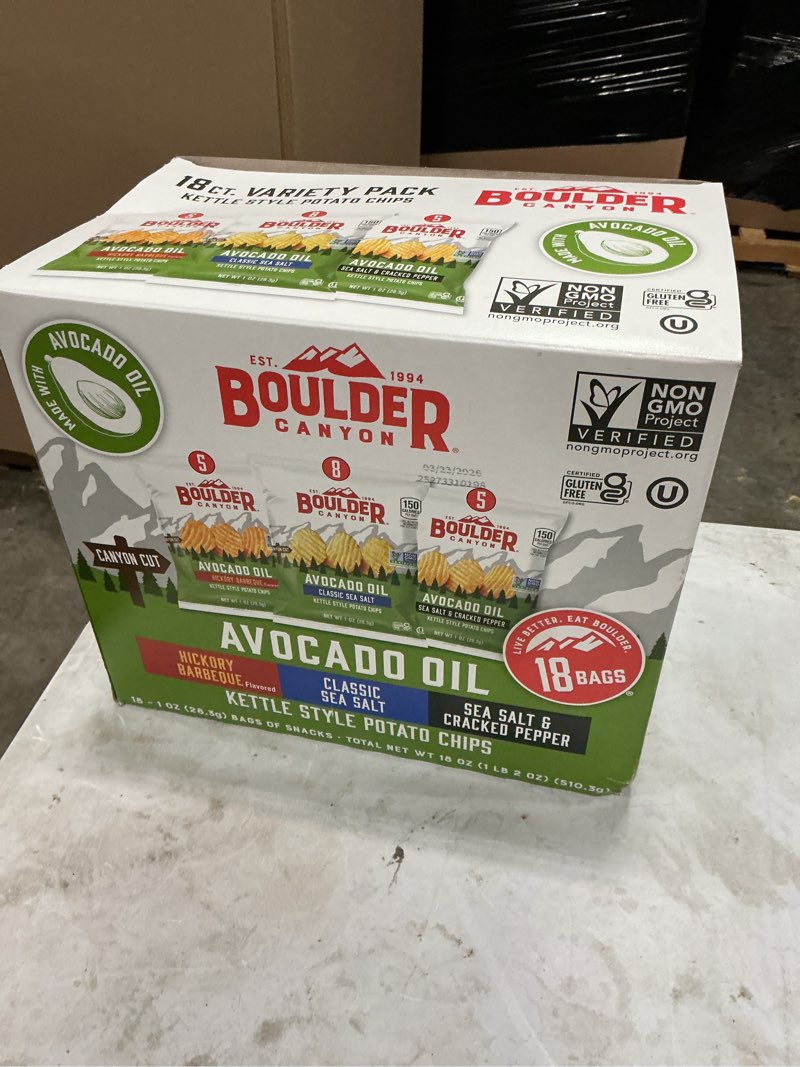 Condition photo showing New/Like New for (best by 3/23/2026) boulder canyon avocado oil kettle style potato chips variety pack, 18 count - gluten-free, non-gmo, hickory barbecue, classic sea salt, sea salt & cracked pepper (1 oz bags)