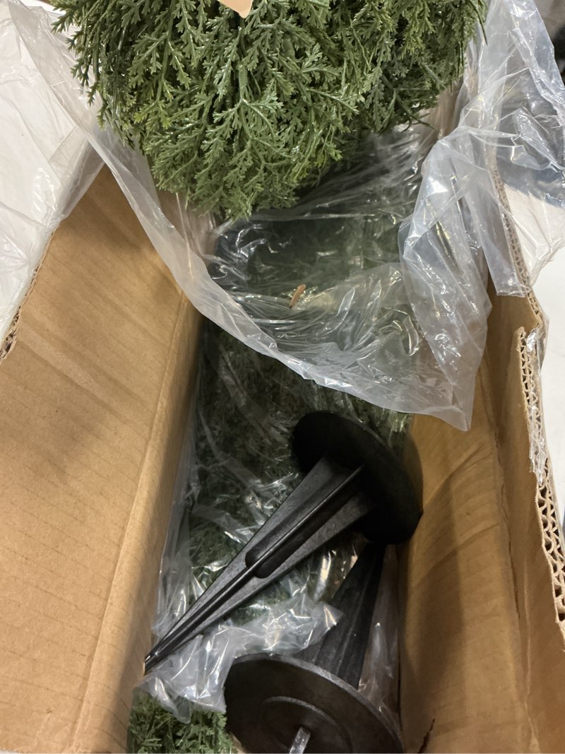 Condition photo showing Good Condition for 3FT Artificial Cedar Topiary Trees with Ground Spike, Set of 2 UV Resistant Fake Evergreen Bushes Shrubs Trees Artificial Plants Realistic Faux Cypress Plants for Indoor Outdoor Front Porch Garden