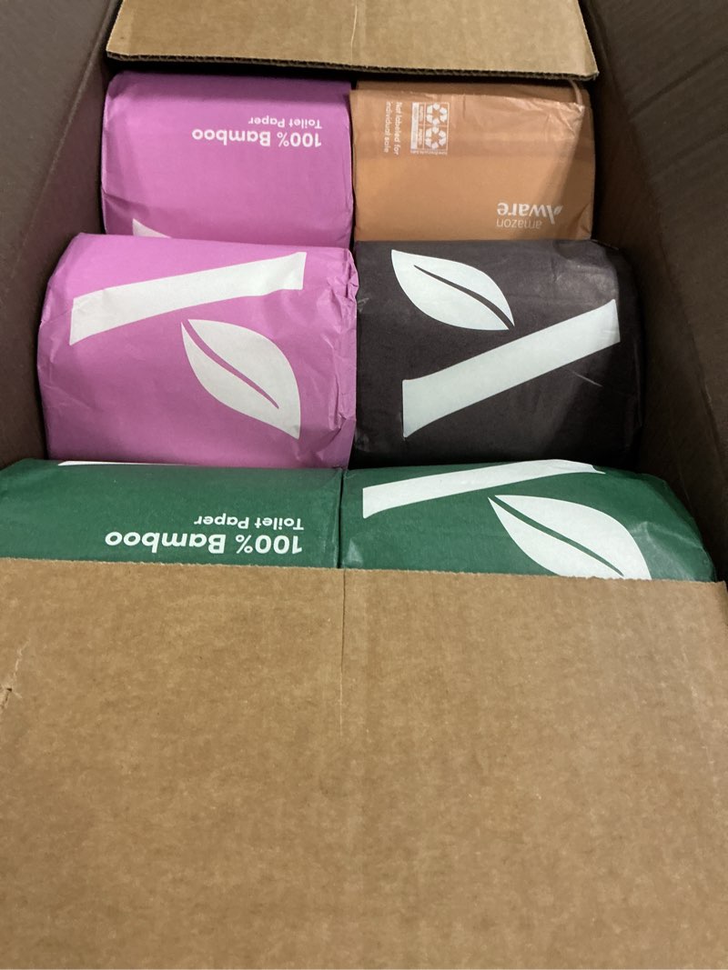 Condition photo showing New/Like New for Amazon Aware 100% Bamboo 3-Ply Toilet Paper, Unscented, 24 Rolls, FSC Certified, 350 Sheets, 8400 Count, Pack of 24, Plastic-Free