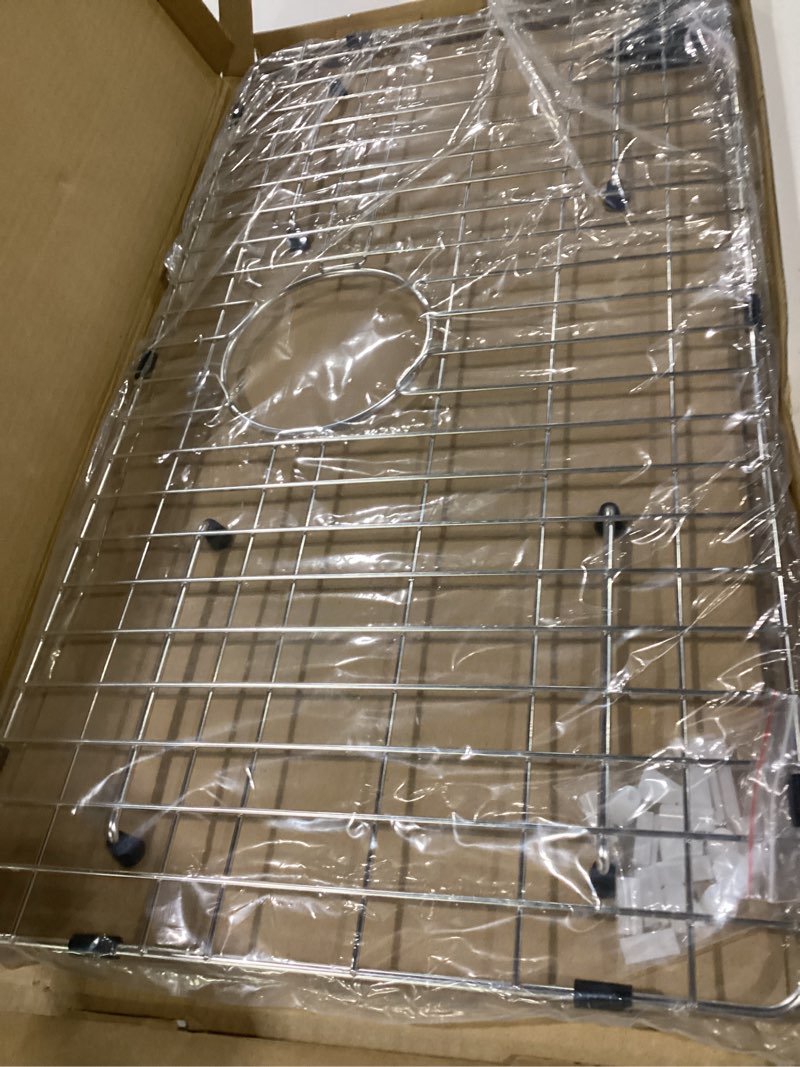 Condition photo showing As Is for kitchen sink grid and sink protectors, 26-1/16" x 14-1/16" stainless steel material sink grate for bottom of kitchen sink rack accessories with rear drain for single bowl sinks, scratch prevention ??stainless steel 26"x14"