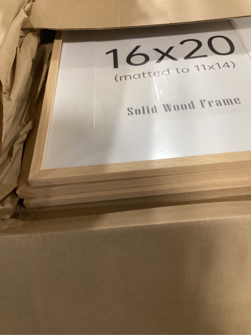 Condition photo showing Good Condition for upsimples 16x20 frames set of 3, natural solid wooden picture frames, display 11x14 with mat or 16 x 20 without for vertical or horizontal wall hanging