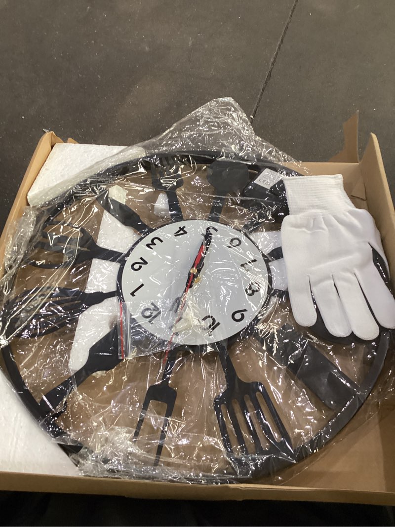 Condition photo showing As Is for 16" black metal cutlery kitchen wall clock, creativity fork and spoon dial | silent non-ticking, battery operated?for kitchen and dining room modern home wall decor, ideal gift