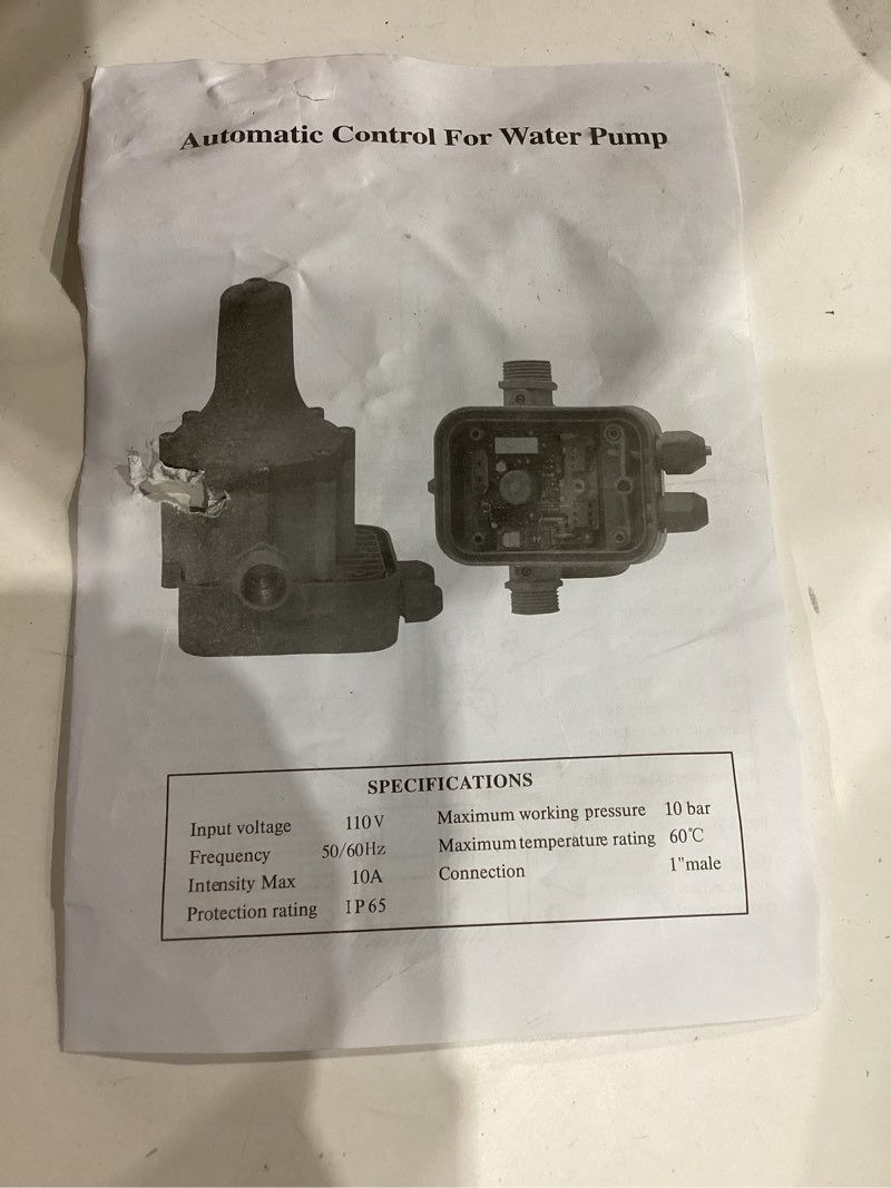 Condition photo showing As Is for automatic control for water pump  specifications  input voltage  110 v  frequency  50/60hz  intensity max  10a  protection rating  ip65  maximum working pressure  10 bar  maximum temperature rating  60°c  