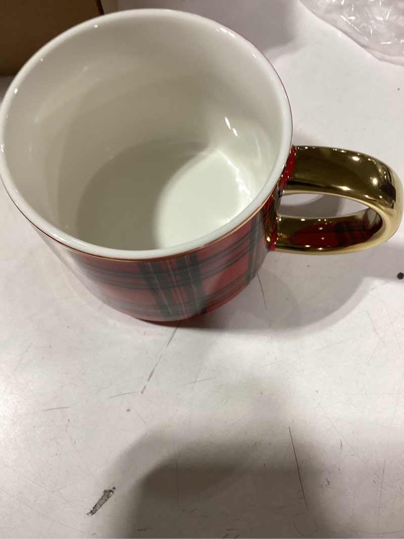 Condition photo showing Good Condition for Sweet Water Decor Red Plaid Coffee Mug, 14oz China Christmas Mug with Gold Handle, Large Holiday Winter Cup for Coffee, Tea & Hot Chocolate, Stocking Stuffer Gifts for Women Red Plaid 14 Ounces