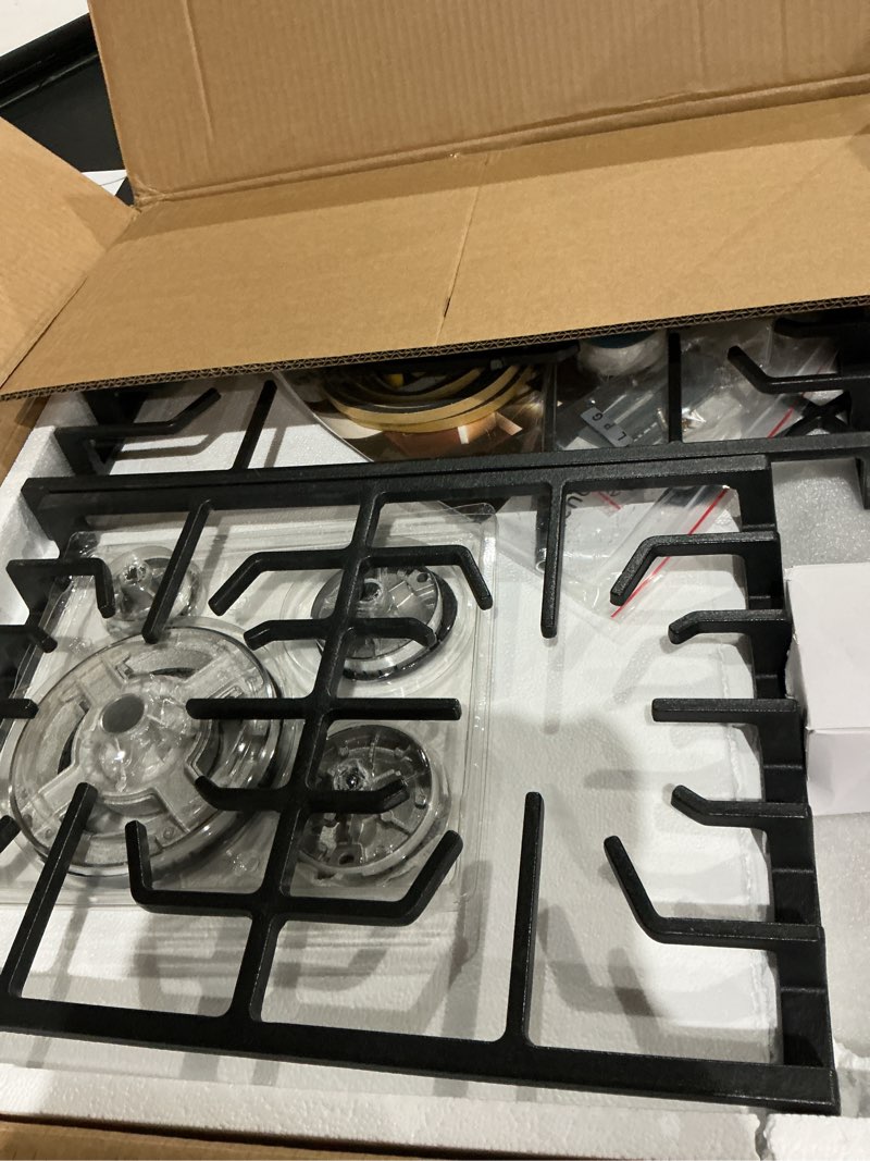 Condition photo showing As Is for 24 inch gas cooktop, bulit-in 4 burners gas stove stainless steel stove top with thermocouple protection, lpg/ng convertible propane cooktops 24 inch-style 1