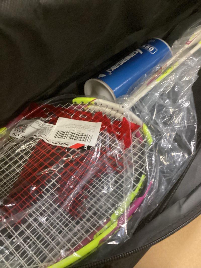 Condition photo showing Good Condition for Kawasaki Badminton Rackets, Professional Graphite Shaft Badminton Set of 2 for Backyard, with 2 Lightweight Carbon Badminton Racquets/3 Badminton Shuttlecocks/2 Racquet Overgrips/1 Carry Bag Purple/Green