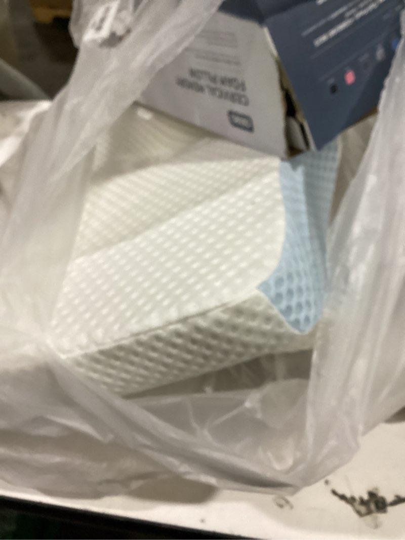 Condition photo showing As Is for osteo cervical pillow for neck pain relief, hollow design odorless memory foam pillows with cooling case, adjustable orthopedic bed pillow for sleeping, support for side back sleepers queen(25.5*16.5*5.2/4.1 inches) blue