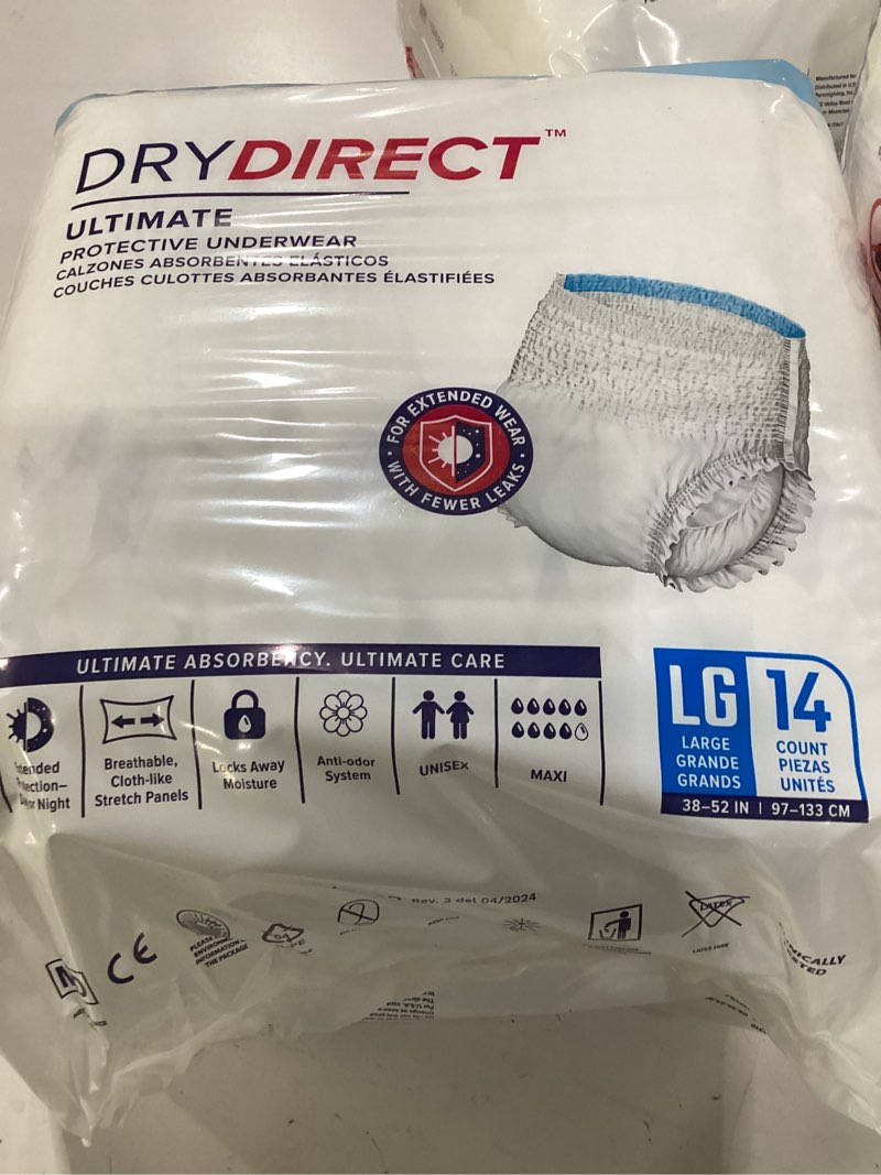 Condition photo showing New/Like New for dry direct ultimate protective underwear, soft cloth-like adult diapers, max absorbency disposable incontinence protection - large (pack of 14)