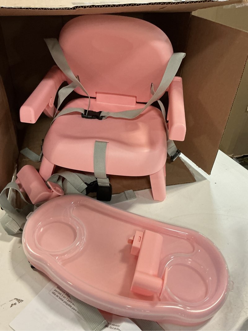 Condition photo showing Good Condition for Booster Seat for Kitchen Chair, 3-in-1 Foldable Baby Booster Seat with Removable Dual Tray & 3-Point Harness, Portable Toddler Booster Chair for Dinning Table, Travel, Outdoor Camping, Pink
