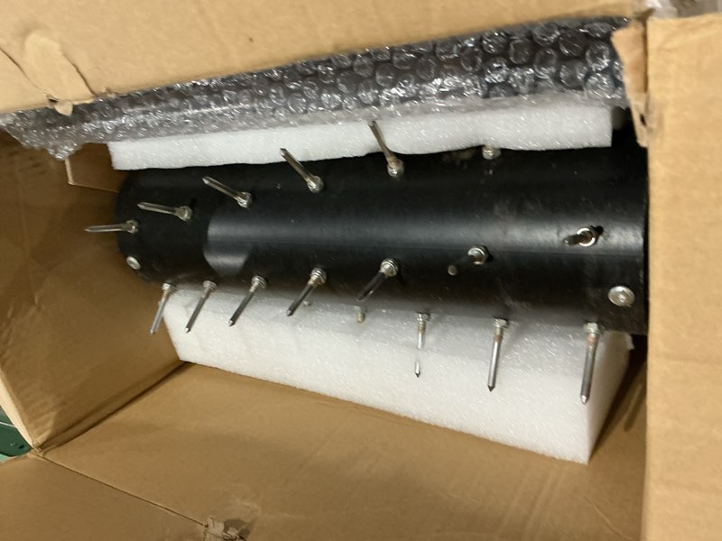 Condition photo showing Good Condition for 21" rolling lawn aerator, 45 preassembled spikes, only needs 3-5 minutes to assemble, no looseness, good package, 75" long handle with quick clip connections, u-shape construction - orange.