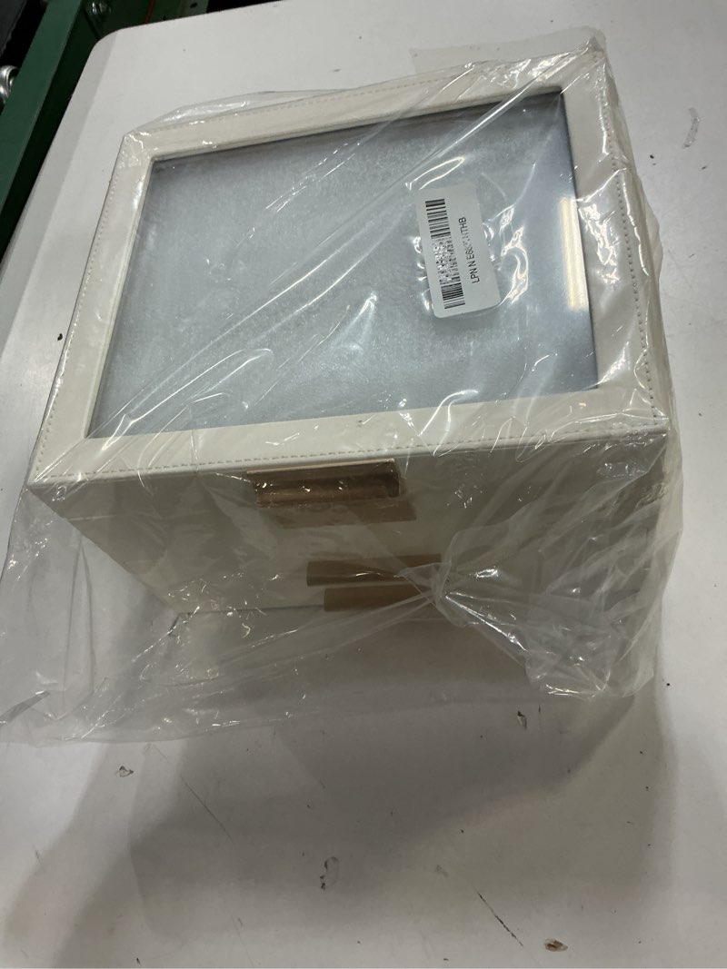 Condition photo showing New/Like New for songmics gisella collection - jewelry box organizer, 3-layer jewelry storage with 2 drawers, shiny metal hardware, glass lid, modern, 8 x 9.1 x 5.3 inches, cloud white and gold color ujbc239wt 3 layer (8"d x 9.1"w) cloud white + gold