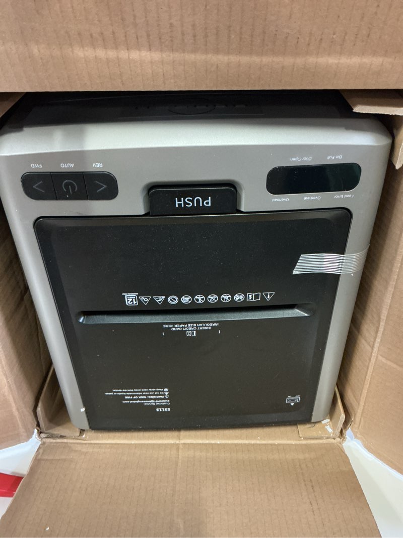 Condition photo showing As Is for bonsen 300-sheet auto feed paper shredder, 60 minutes non-stop commercial grade heavy duty shredders for office, 8.1 gallon micro cut document shredder, p-4 security level,58db super quiet black 17.32"d x 15.43"w x 23.39"h