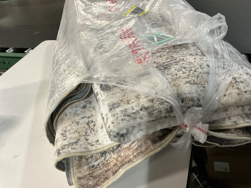 Condition photo showing As Is for 2x3 washable area rug brown grey abstract non slip soft low pile small rug for entryway kitchen bathroom neutral modern throw carpet for living room bedroom home decor 2' x 3' (rectangular) brown/grey