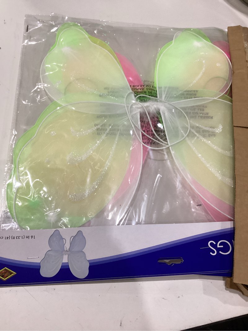 Condition photo showing As Is for beistle fairy wings dress-up bundle – small white, light green, and pink nylon costume wings with elastic armbands, accessories for birthdays, dress-up play, halloween, festivals, and special events