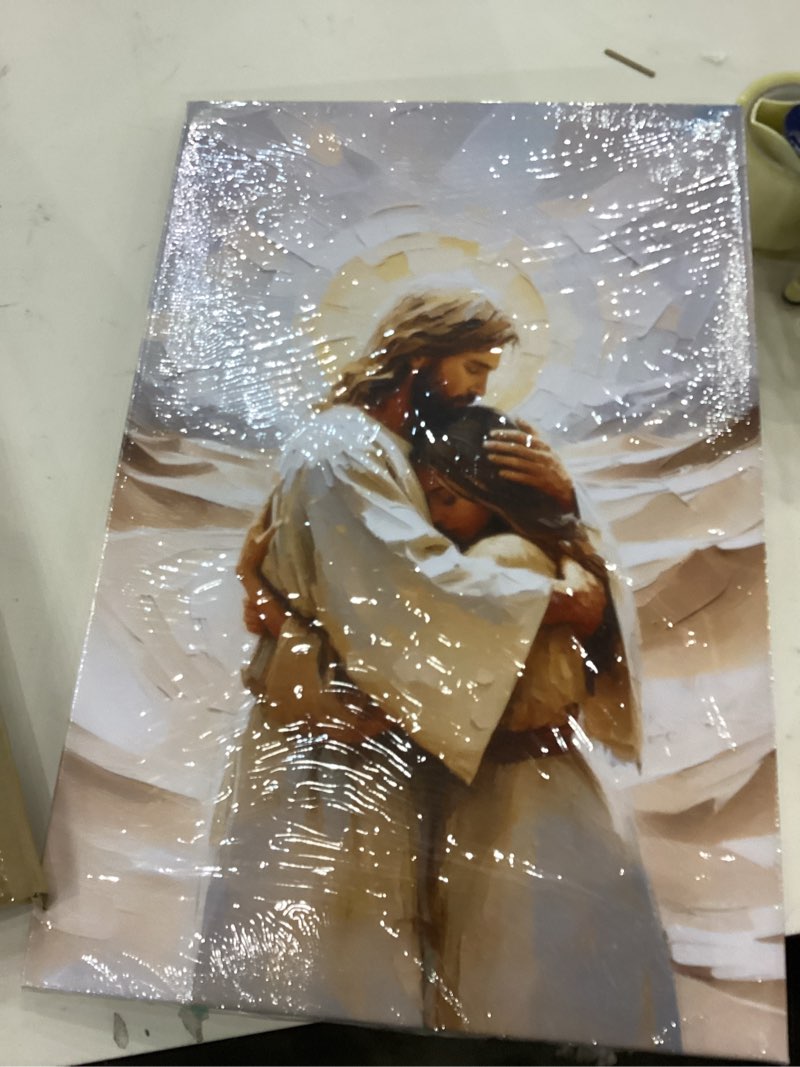 Condition photo showing New/Like New for WWN Framed Jesus Embracing Woman Canvas Wall Art Jesus and Girl Picture Wall Decor Christian Spiritu