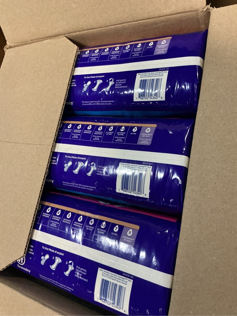 Condition photo showing New/Like New for tena sensitive care incontinence pads, bladder control, postpartum for women, overnight absorbency, extra coverage, 135 count