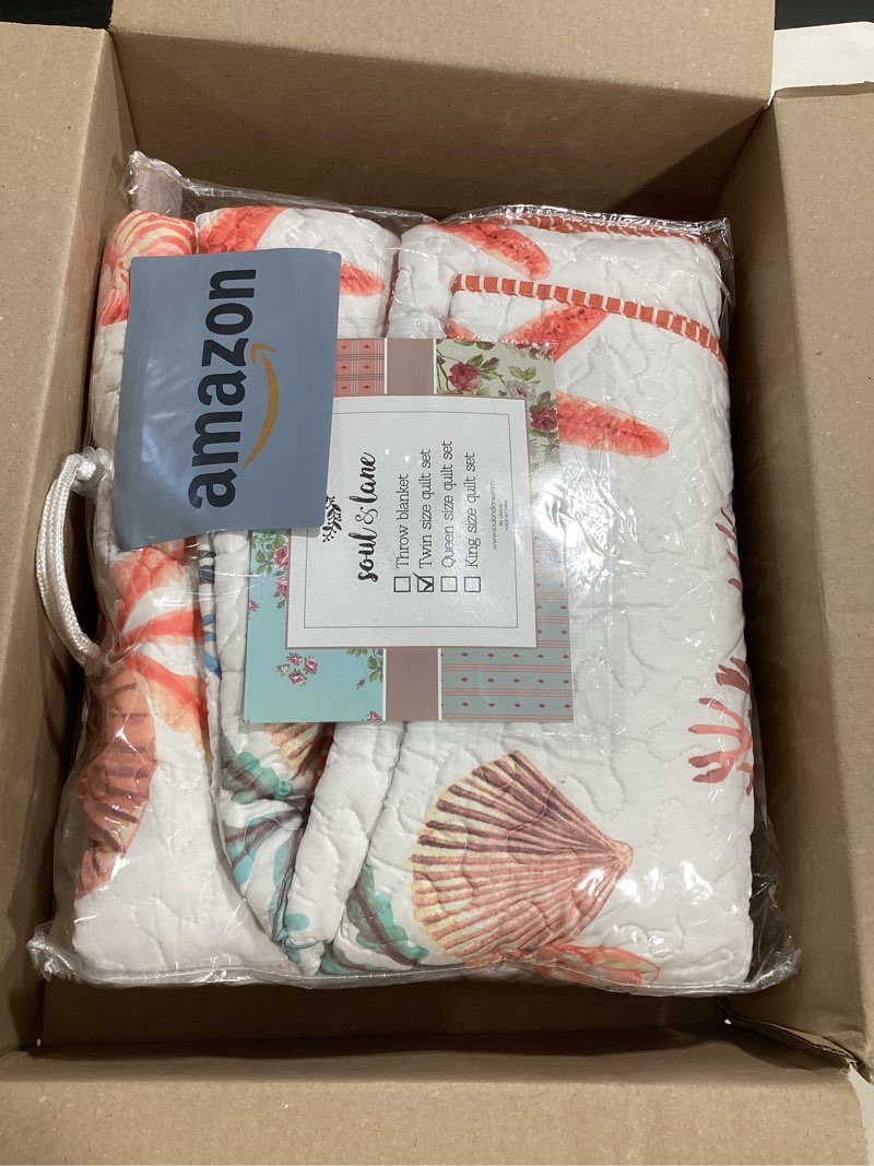 Condition photo showing As Is for soul & lane - coastal quilt set, nautical beach bedding, twin with 1 sham | sea shell comforter set, lightweight ocean quilted bedspread, seaside treasures beachy coverlet, starfish seashell bedding seaside treasures twin