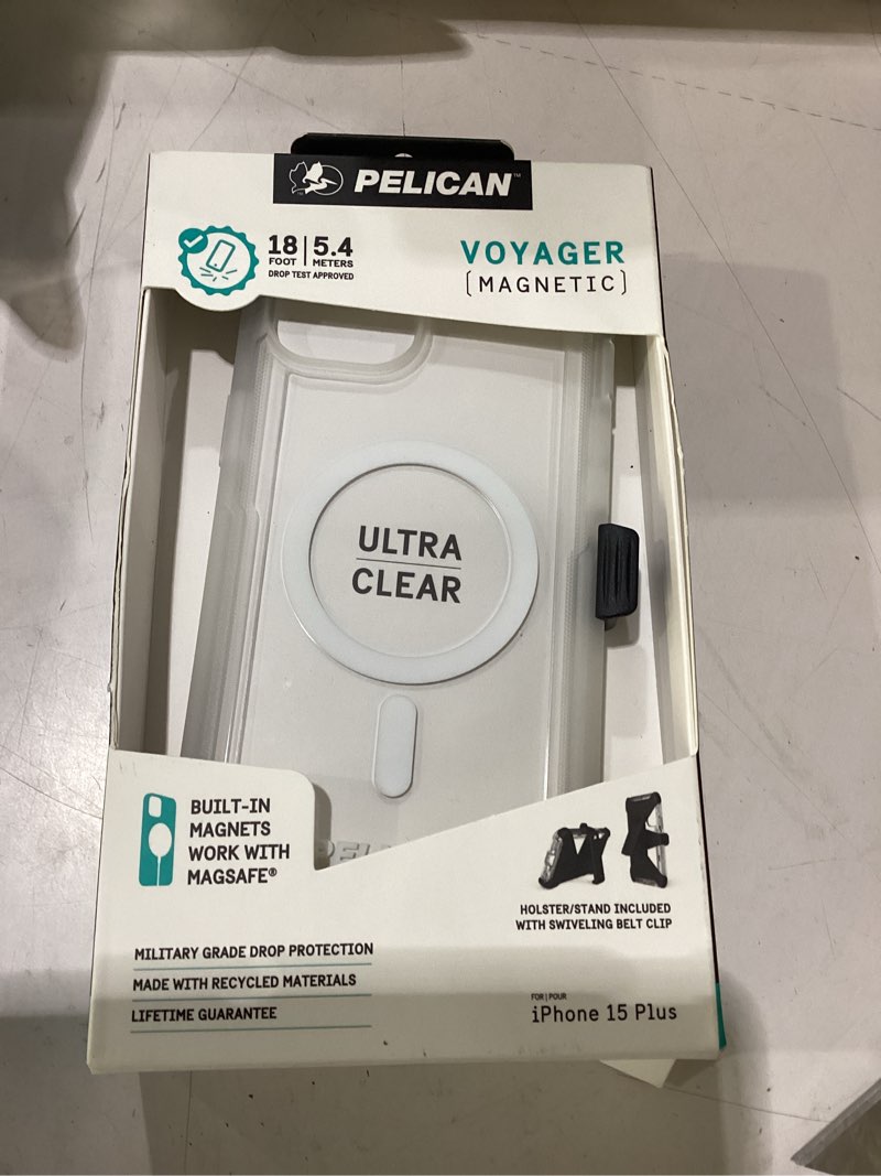 Condition photo showing New/Like New for pelican voyager - iphone 15 plus case 6.7" [compatible with magsafe] [anti-yellow] magnetic charging phone case with belt clip holster kickstand [18ft military grade drop protection] - clear voyager clear iphone 15 plus