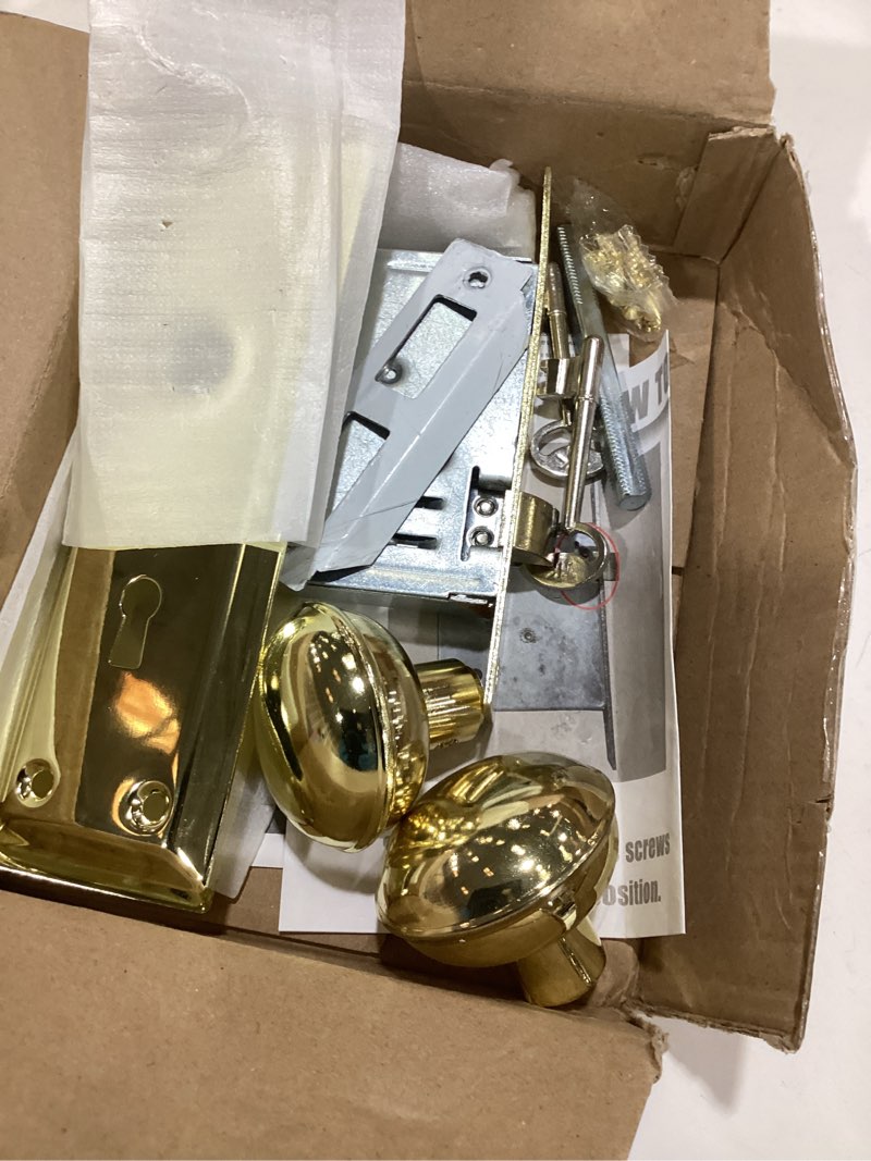 Condition photo showing As Is for mortise lock set for interior door, antique door knobs polished gold door knob with lock and key, vintage mortise keyed lock set mortise lock 1 pack gold/polished brass