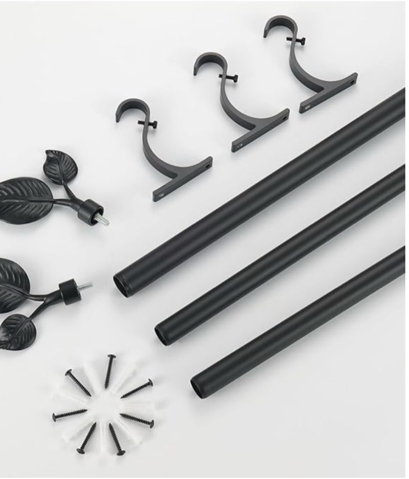 Decorative Curtain Rod with Leaf Finials, 1Inch Diameter 48-84 Inch Adjustable Length Single Drapery