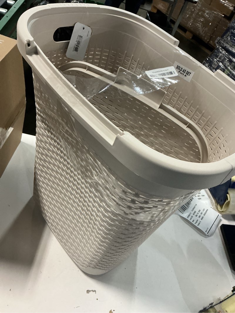 Condition photo showing As Is for Mind Reader Slim Laundry Hamper with Lid, 50L Clothes Basket, Premium Wicker Design, Plastic, Ivory