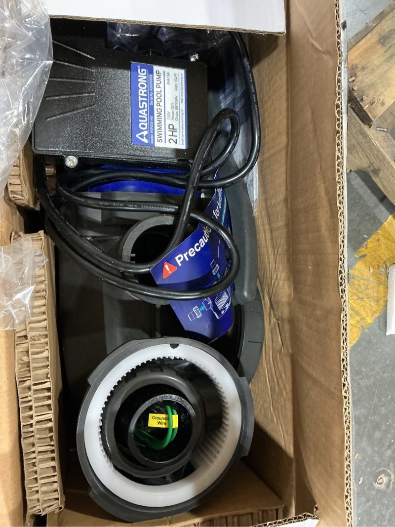 Condition photo showing As Is for 2hp above/in ground pool pump, 115v/230v 6900gph self priming | high flow energy efficient pure copper motor, 1.5", 2", and 1.25"-1.5" connectors, strainer basket & drain plug, dual voltage 2.0hp dual voltage