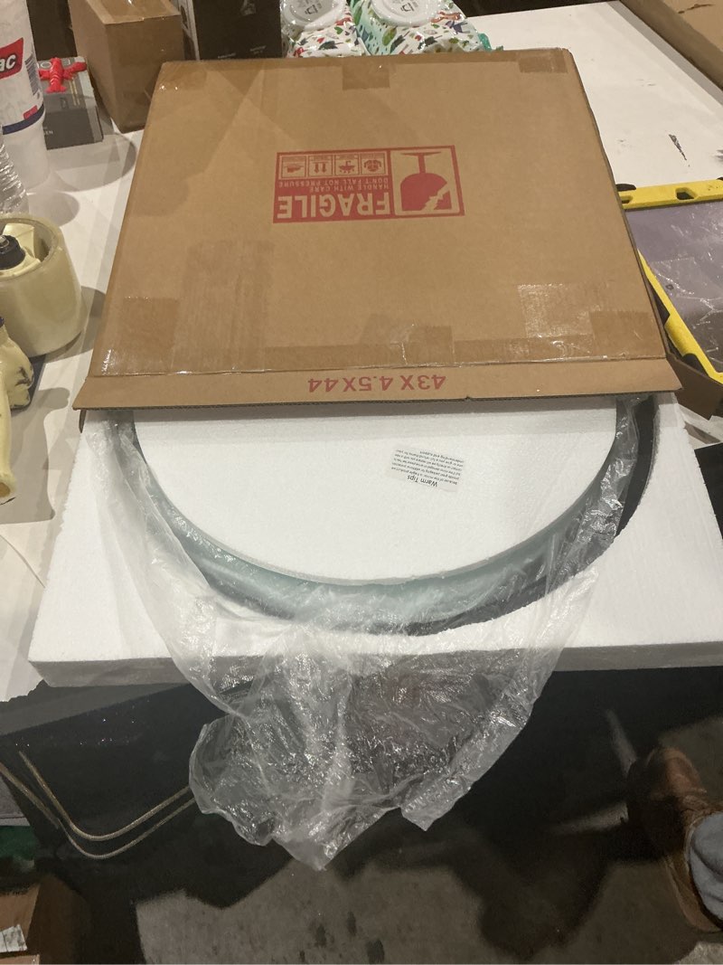 Condition photo showing New/Like New for similar to not exact 12 inch small round decorative wall mirror, hd silver-coated glass with brushed black metal frame, minimalist modern accent mirror for vanity, narrow walls, bathroom, bedroom & entryway 12\"l x 12\"w round black