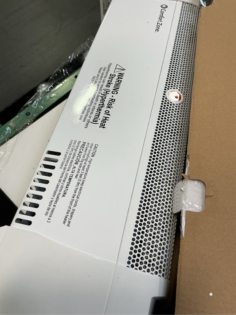 Condition photo showing Good Condition for Comfort Zone Electric Baseboard Space Heater with Adjustable Thermostat, Dent-Proof End Panels, Overheat Protection, Tip-Over Switch, & Stay-Cool Body, Ideal for Home, Bedroom, & Office, 1,500W, CZ600 White