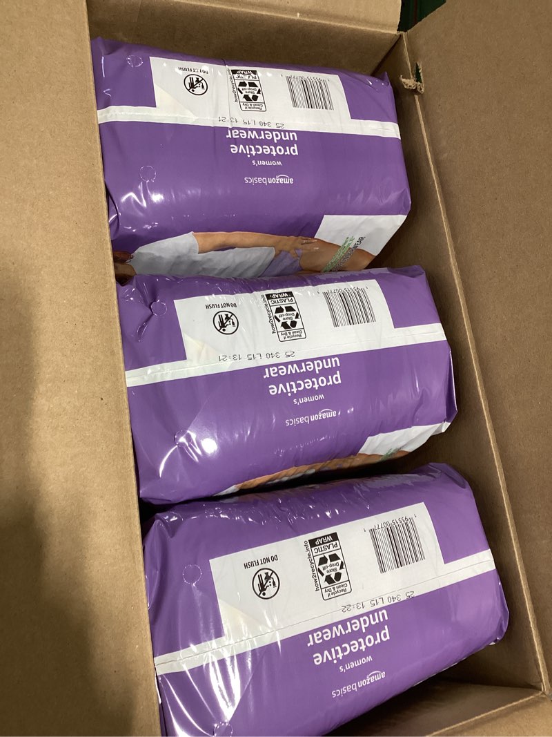 Condition photo showing New/Like New for amazon basics incontinence underwear for women, protective, disposable, postpartum, maximum absorbency, x-large, lavender, 48 count (3 packs of 16)