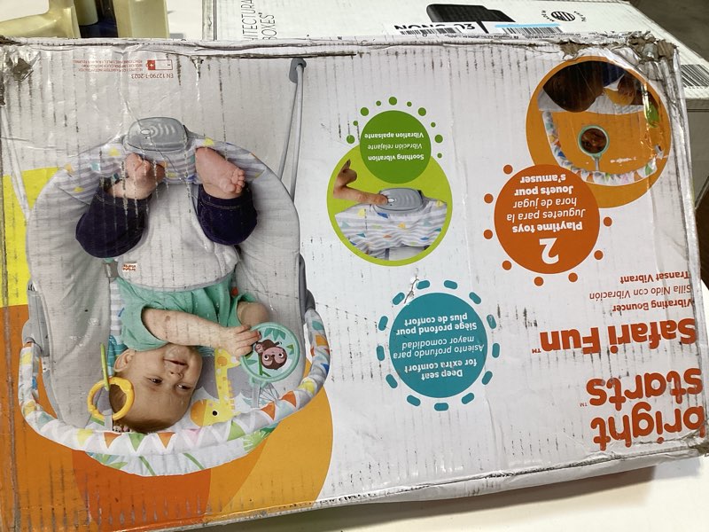 Condition photo showing New/Like New for bright starts baby bouncer soothing vibrations infant seat - removable -toy bar, nonslip feet, 0-6 months up to 20 lbs (safari fun)