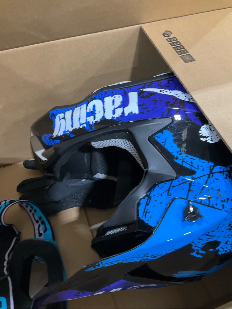Condition photo showing New/Like New for Adult ATV Dirt Bike Helmet with Goggles Gloves & Mask Quick Release Buckle Adjustable Sun Visor Motorcycle Adult Helmet Off-Road Motocross Downhill Moped MX for Unisex-Adult Crazy Blue Medium