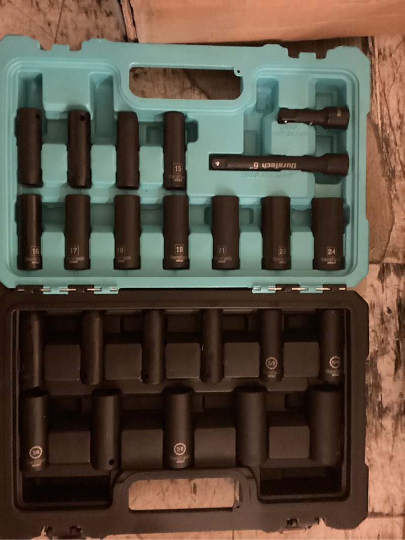 Condition photo showing New/Like New for duratech 24pc impact socket set 1/2" dr deep impact socket set metric sae w/case
