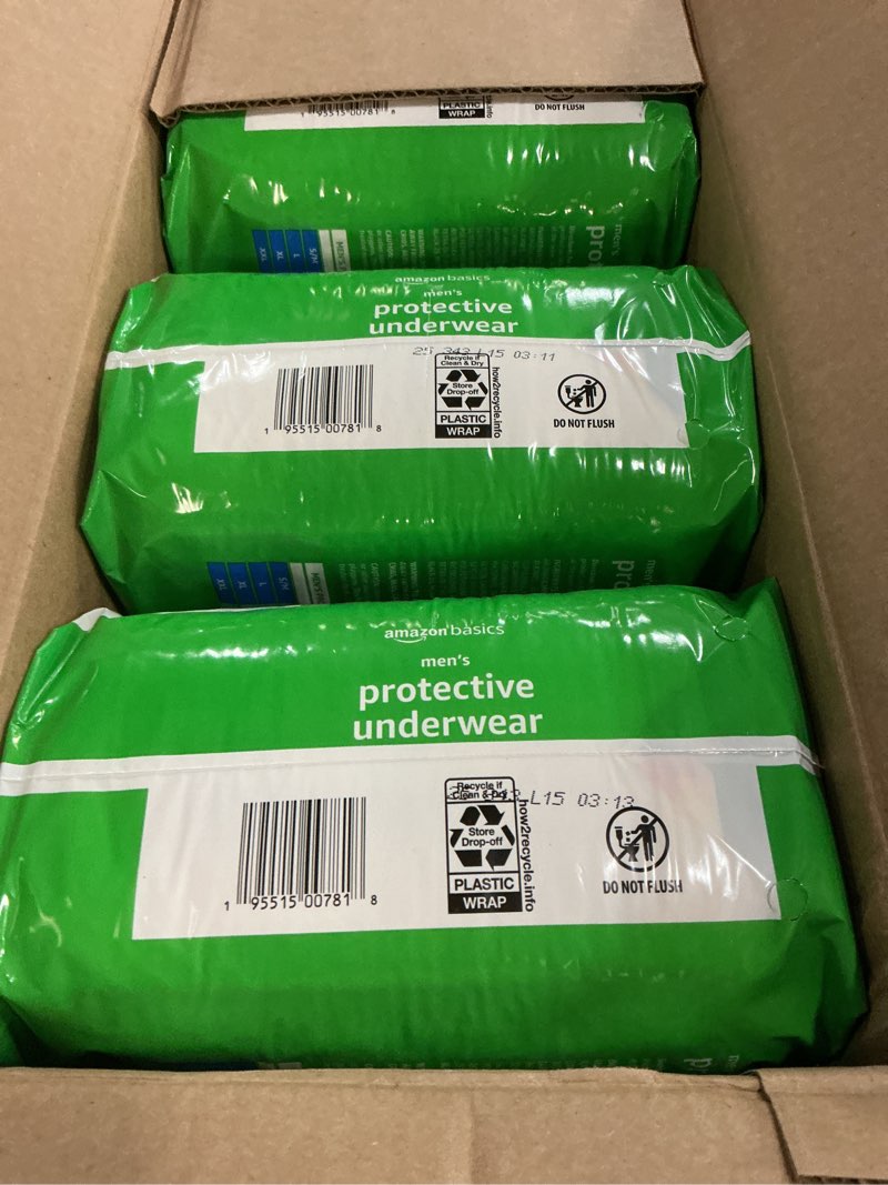 Condition photo showing New/Like New for (( size x-large ))amazon basics incontinence underwear for men, maximum absorbency,  48 count (3 packs of 16)