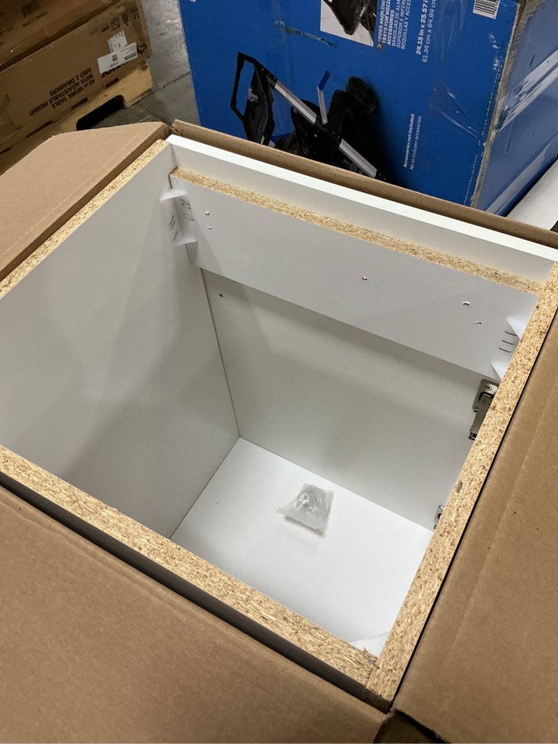 Condition photo showing As Is for project source 18-in white single sink bathroom vanity with white cultured marble top