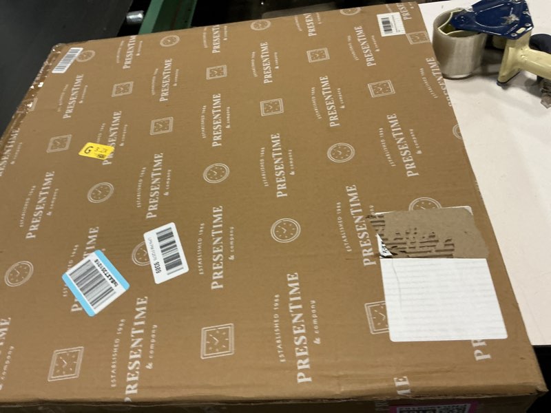 Condition photo showing New/Like New for presentime & co 24" jameson illuminated in/outdoor clock, modern farmhouse, self-illuminated, waterproof, weather station (thermometer & hygrometer), metal clock, morning silver. (night light)