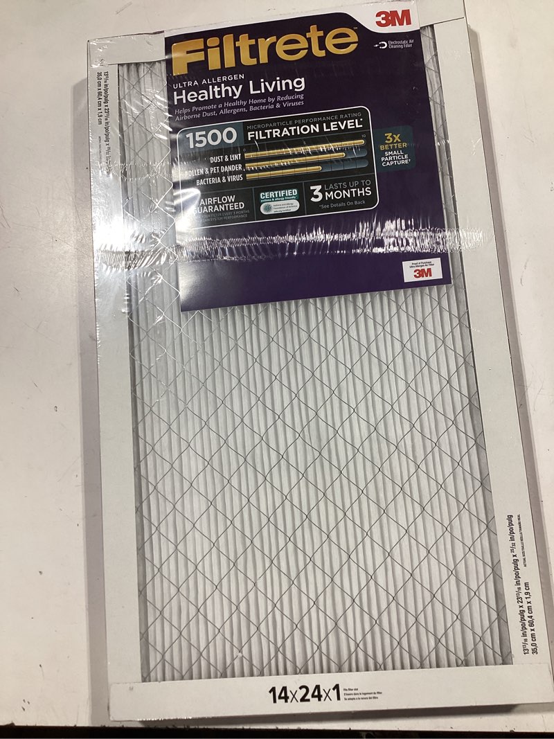 Condition photo showing Good Condition for filtrete 14x24x1 air filter, merv 12, mpr 1500, allergens, bacteria & viruses, 3-month ac and furnace filters, cleaner air, reliable airflow, 2 hvac filters (actual size 13.81 x 23.81 x 0.78 in)