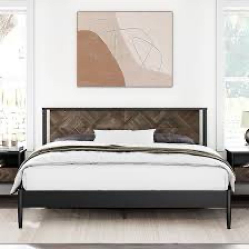 Cartlin Mid Century Modern Acacia Wood Platform Bed Frame with Artistic Chevron Headboard & Mystic Black Finish, 800lbs Heavy Duty, No Box Spring Needed