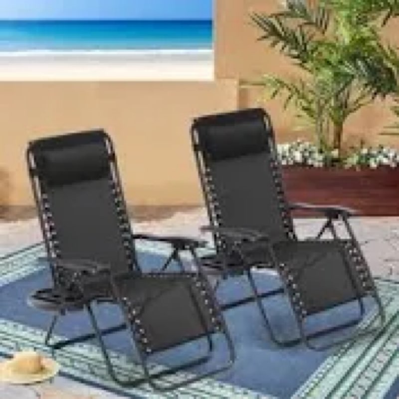 Set of 2 Zero Gravity Lounge Chairs, Folding Reclining Patio Chairs with Cup Holder & Headrest