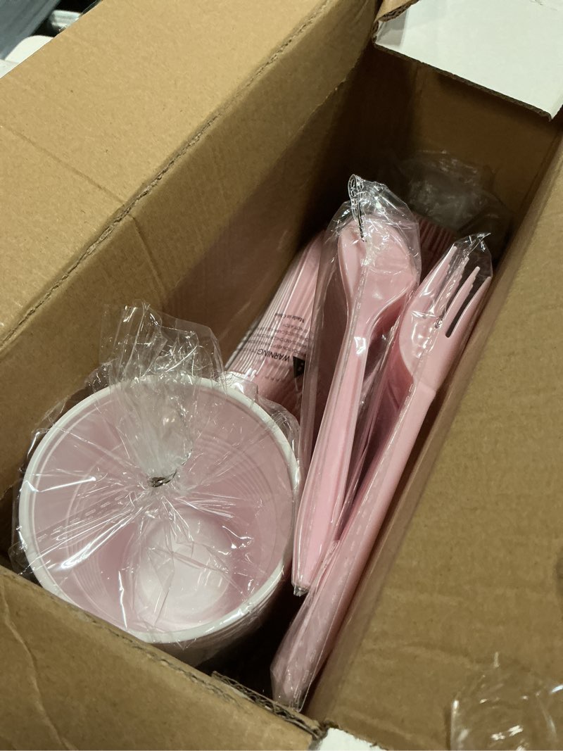 Condition photo showing New/Like New for mirthmood 350pcs pink plates disposable including pink plastic plates, 12oz cups, plastic cutlery and napkins serve 50 guests for spring wedding,birthday party dinner,daily use