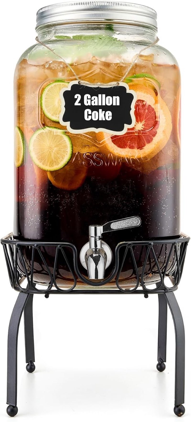 2 Gallon Glass Beverage Dispenser with Stand and Lid, 18/8 Stainless Steel Spigot - Glass Drink Disp