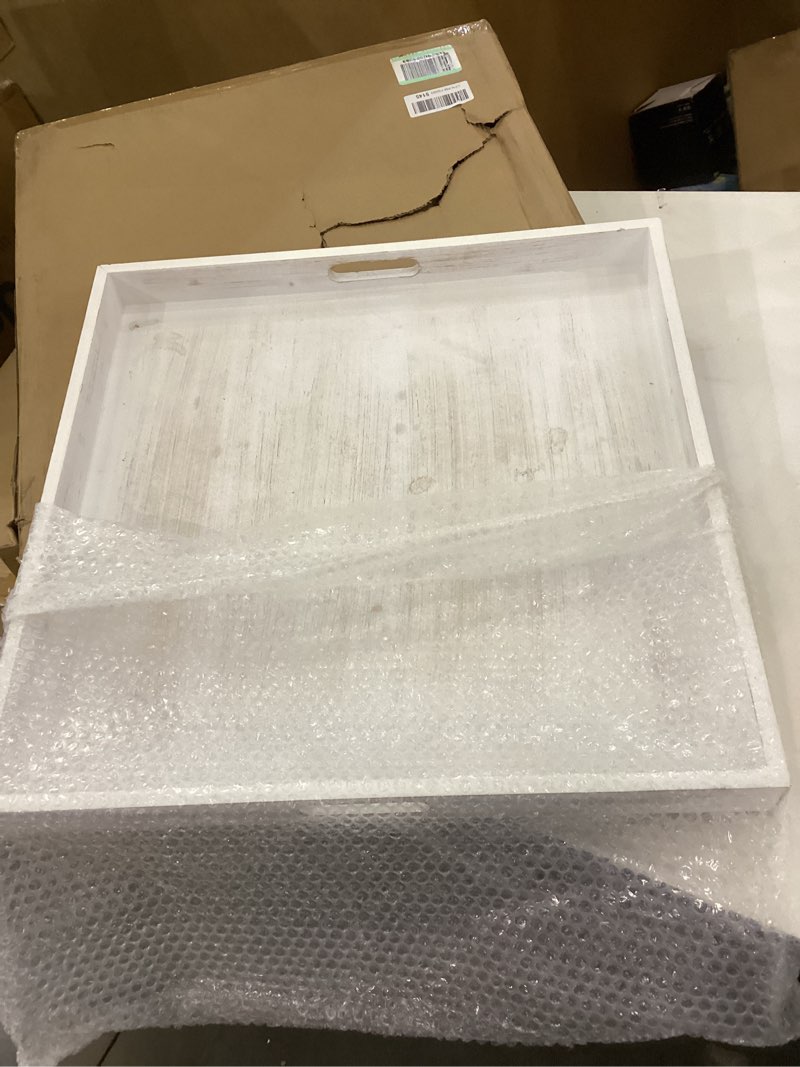 Condition photo showing Good Condition for Hanobe Square Large Ottoman Tray: Extra Large Serving Wooden Trays Rustic Decorative Tray for Ottoman Coffee Table with Handles for Living Room Brown 21" x 21" x 2" Brown